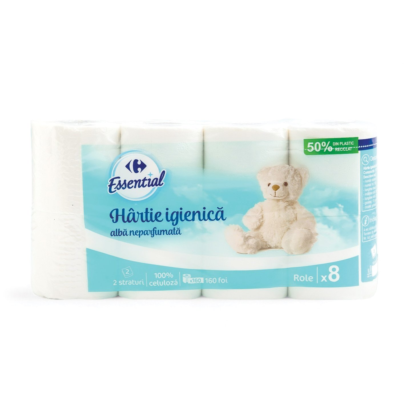 Hârtie igienică albă, neparfumată Carrefour Essential 8 role, 2 straturi