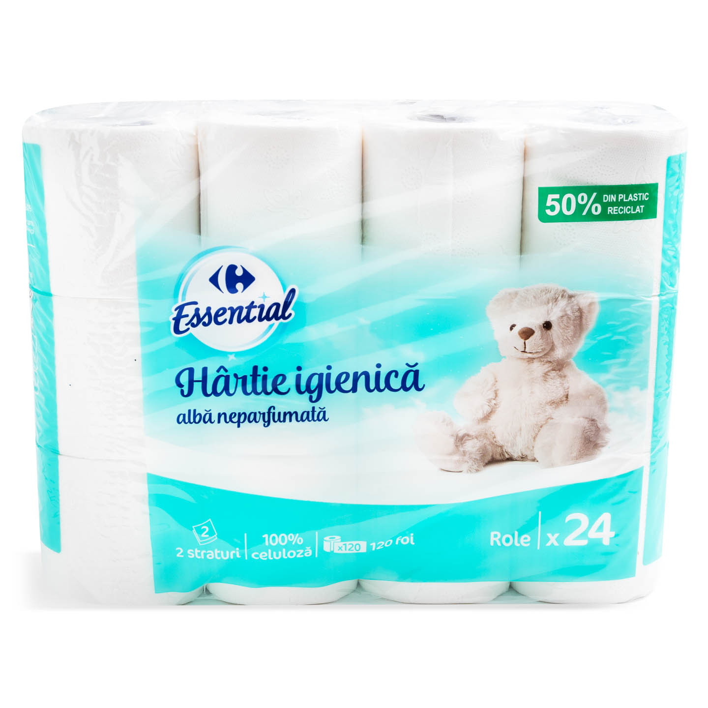 Hârtie igienică albă, neparfumată Carrefour Essential 2 straturi, 24 role