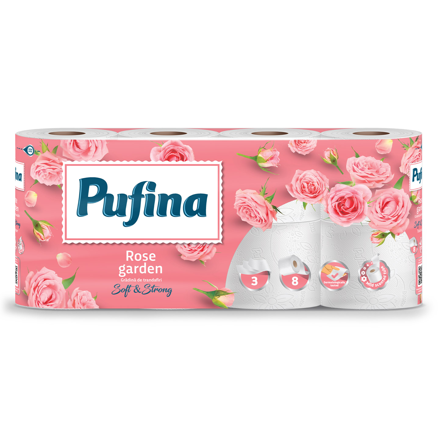 Hârtie igienică Sensitive / Mușețel / Trandafiri Pufina 3 straturi, 8 role