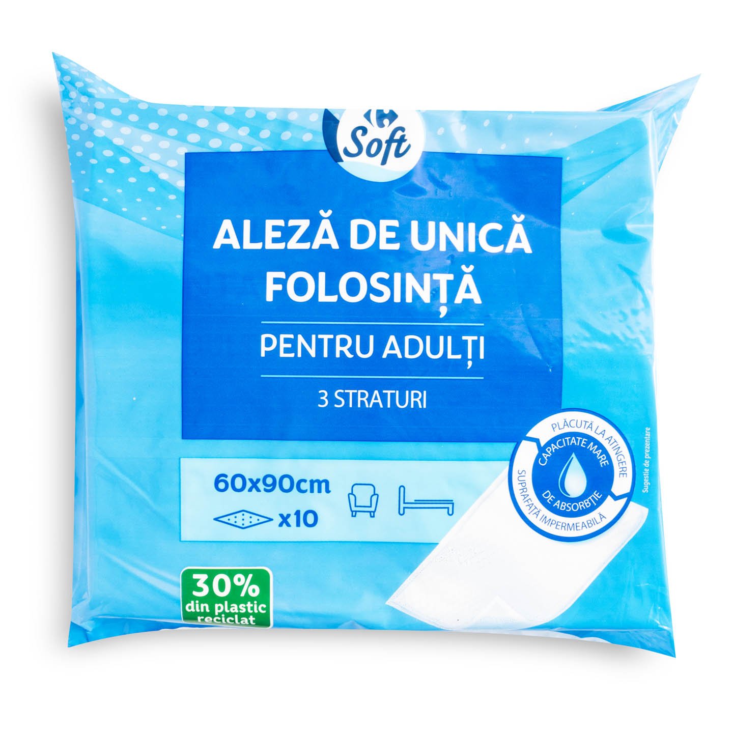 Aleză de unică folosință pentru adulți Carrefour Soft, 3 straturi, 10 bucăți