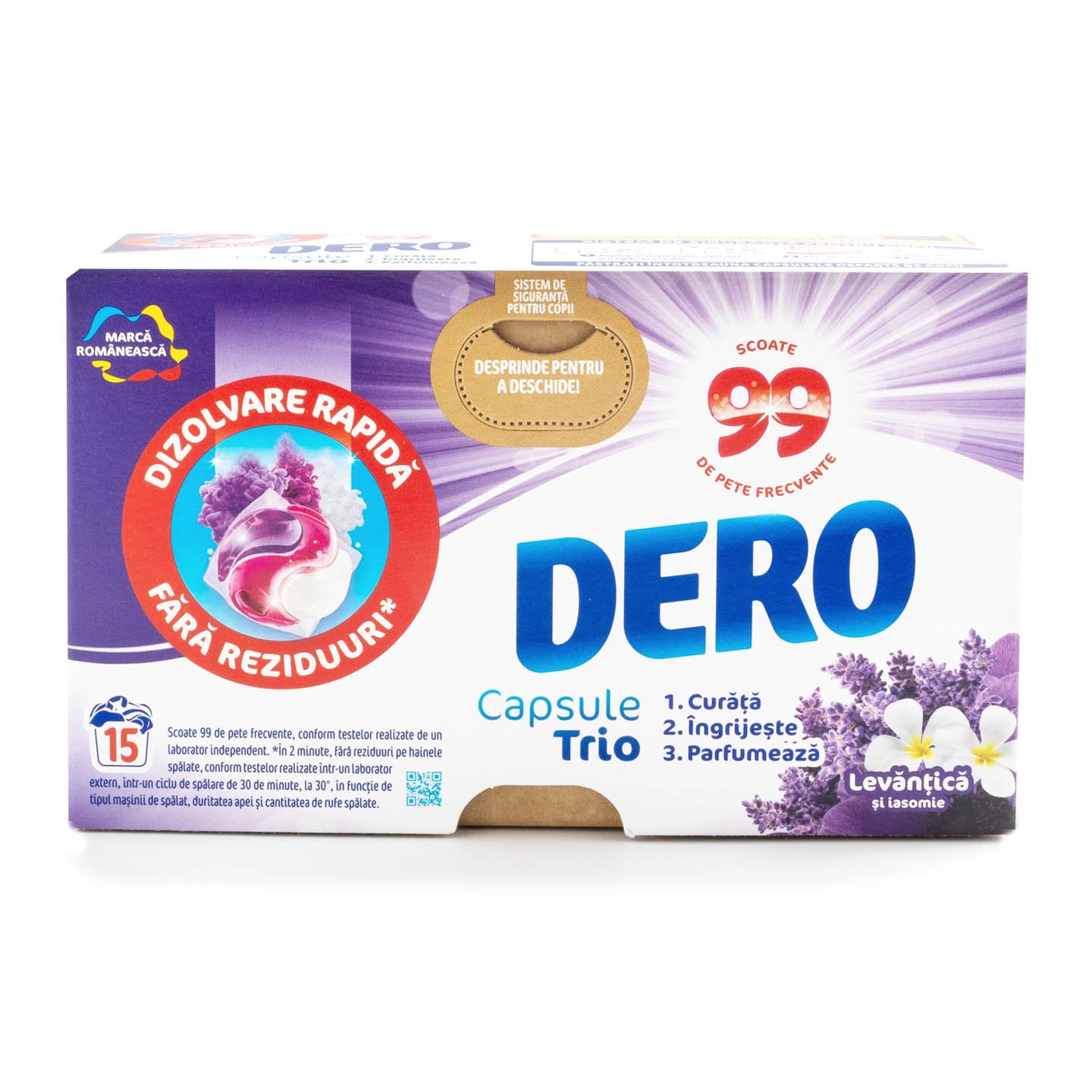 Detergent capsule trio caps lavandă Dero 15 spălări
