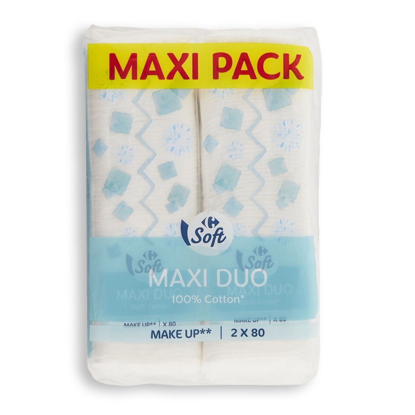 Dischete demachiante, pătrate Maxi Duo Carrefour Soft 2x80buc., per pachet