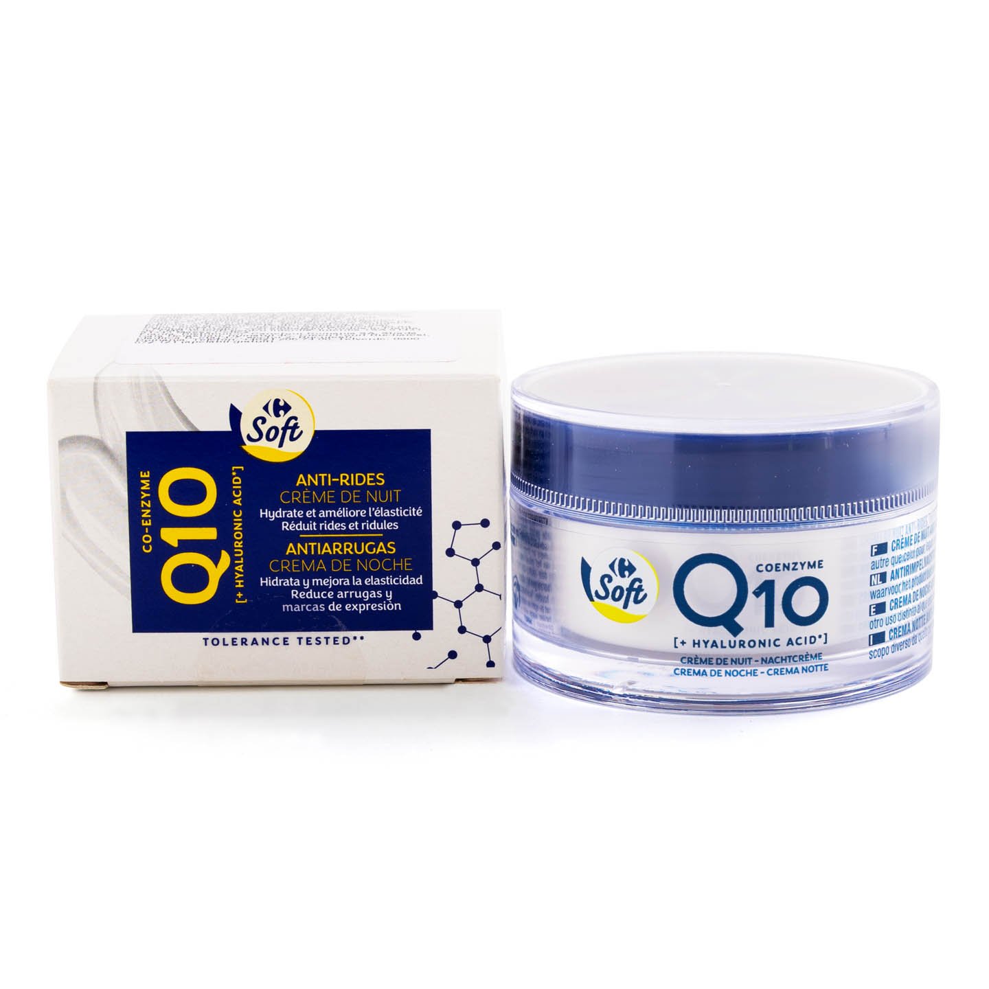 Cremă de fată Carrefour Soft Q10 Anti-rid, pentru noapte, cu acid hialuronic, 50ml