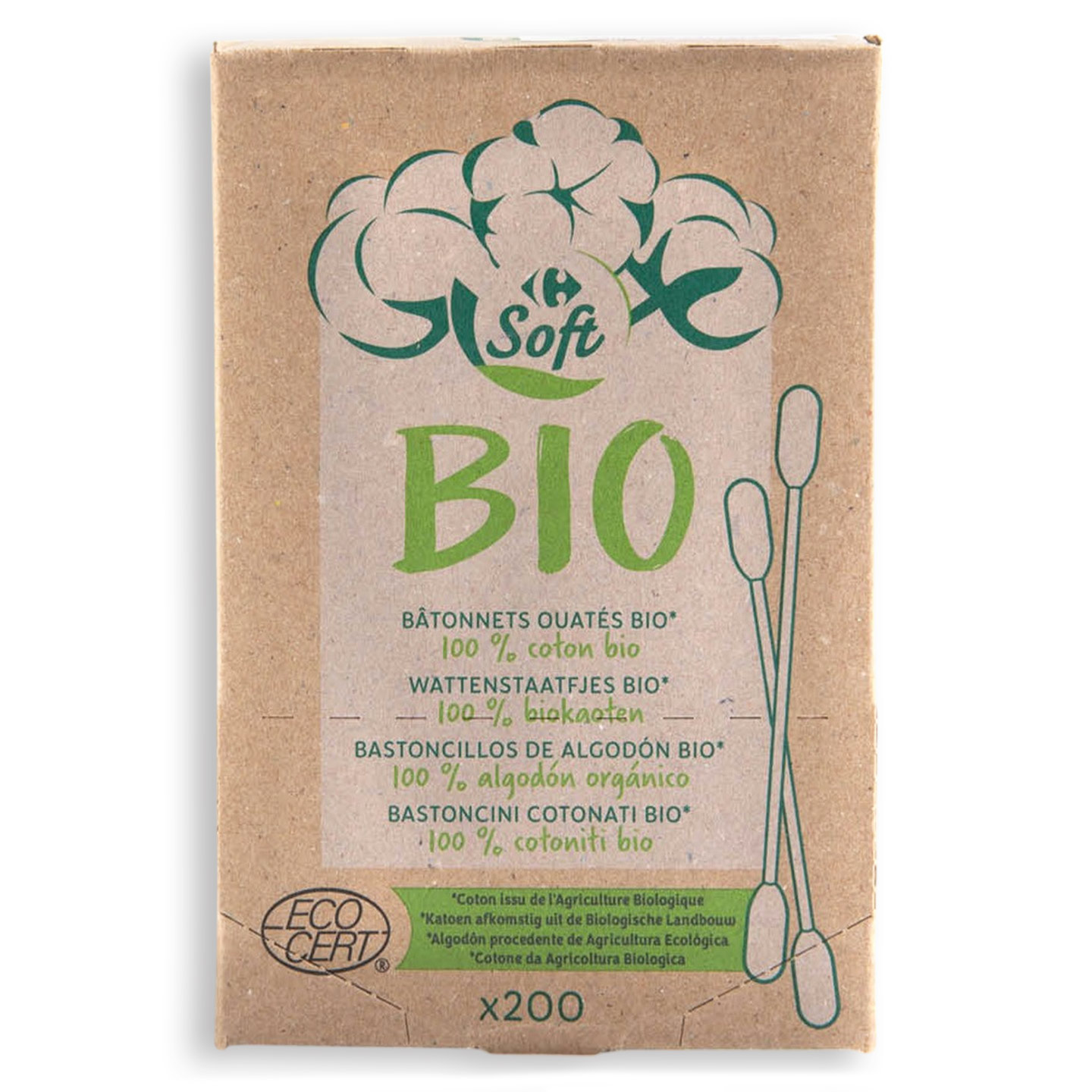 Bețișoare ecologice pentru urechi Carrefour Soft 200 bucăți