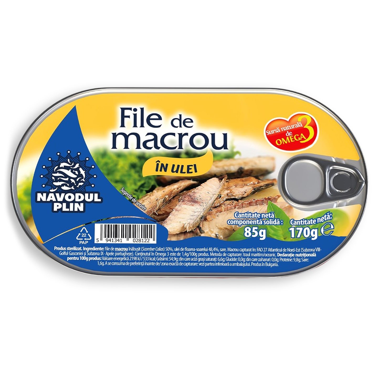 File de macrou în ulei de floarea-soarelui Năvodul Plin 170g