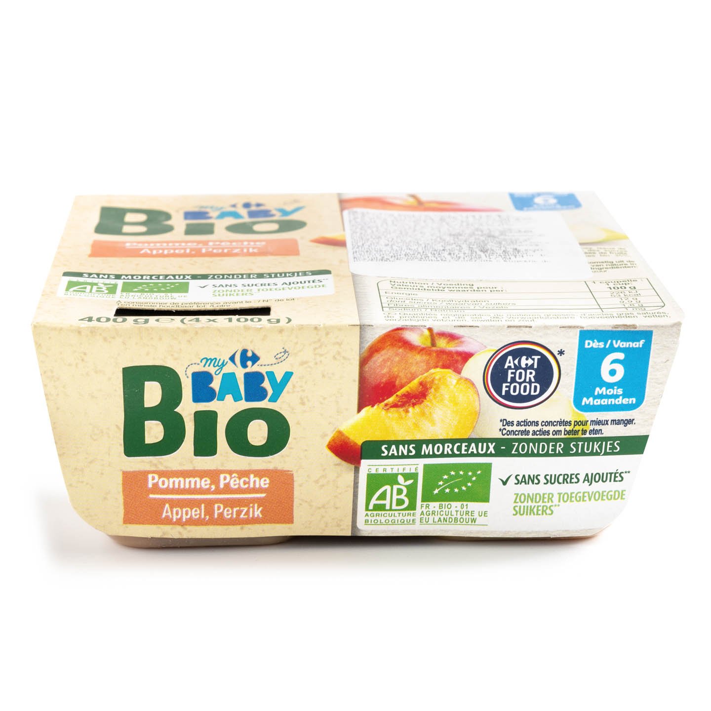 Piure de măr și piersică Carrefour Bio 4x100g