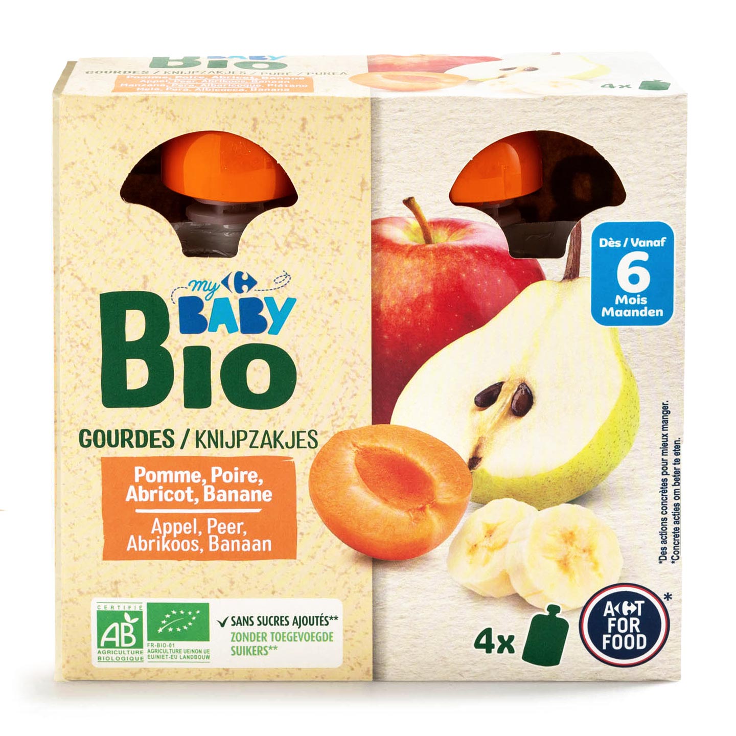Piure cu măr, pere, caise și banane Carrefour My Baby Bio 4x90g
