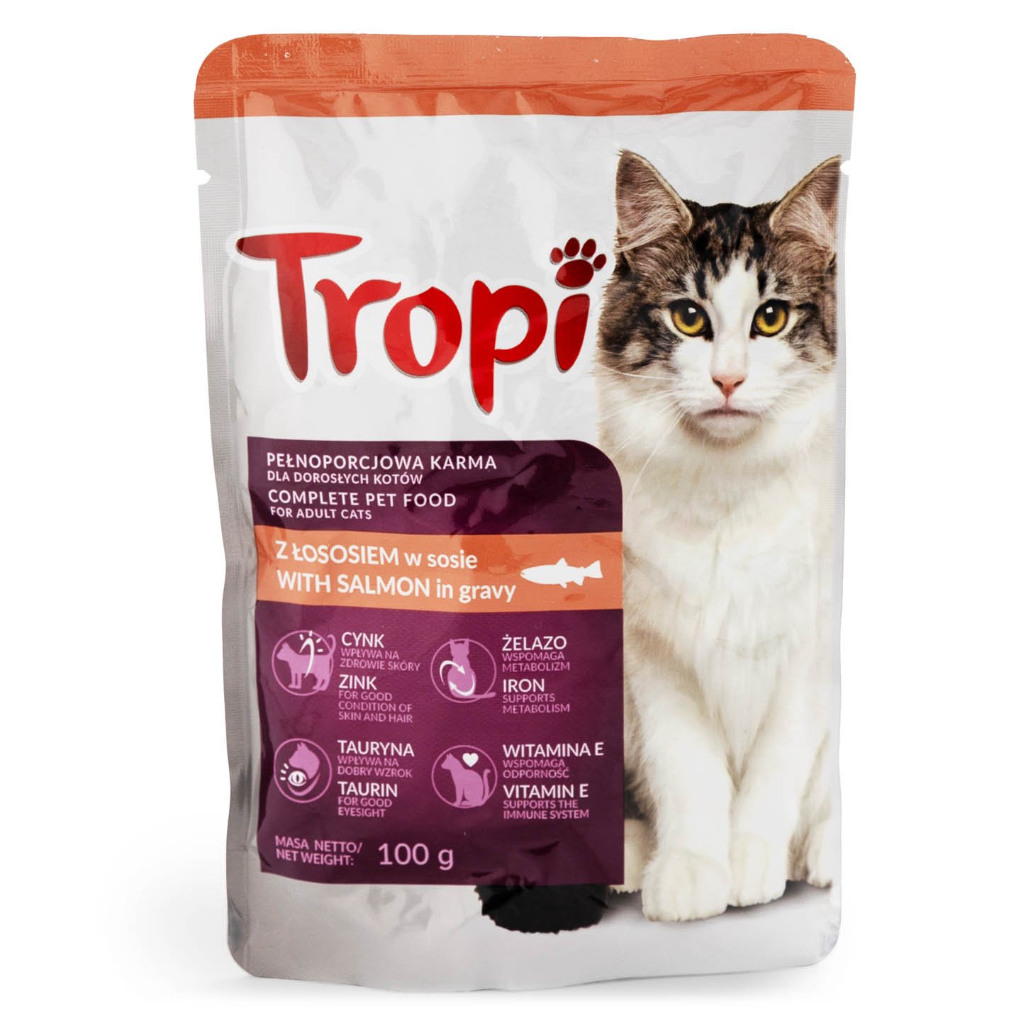 Hrană umedă cu somon / pui / vită / curcan pentru pisici Tropi 100g