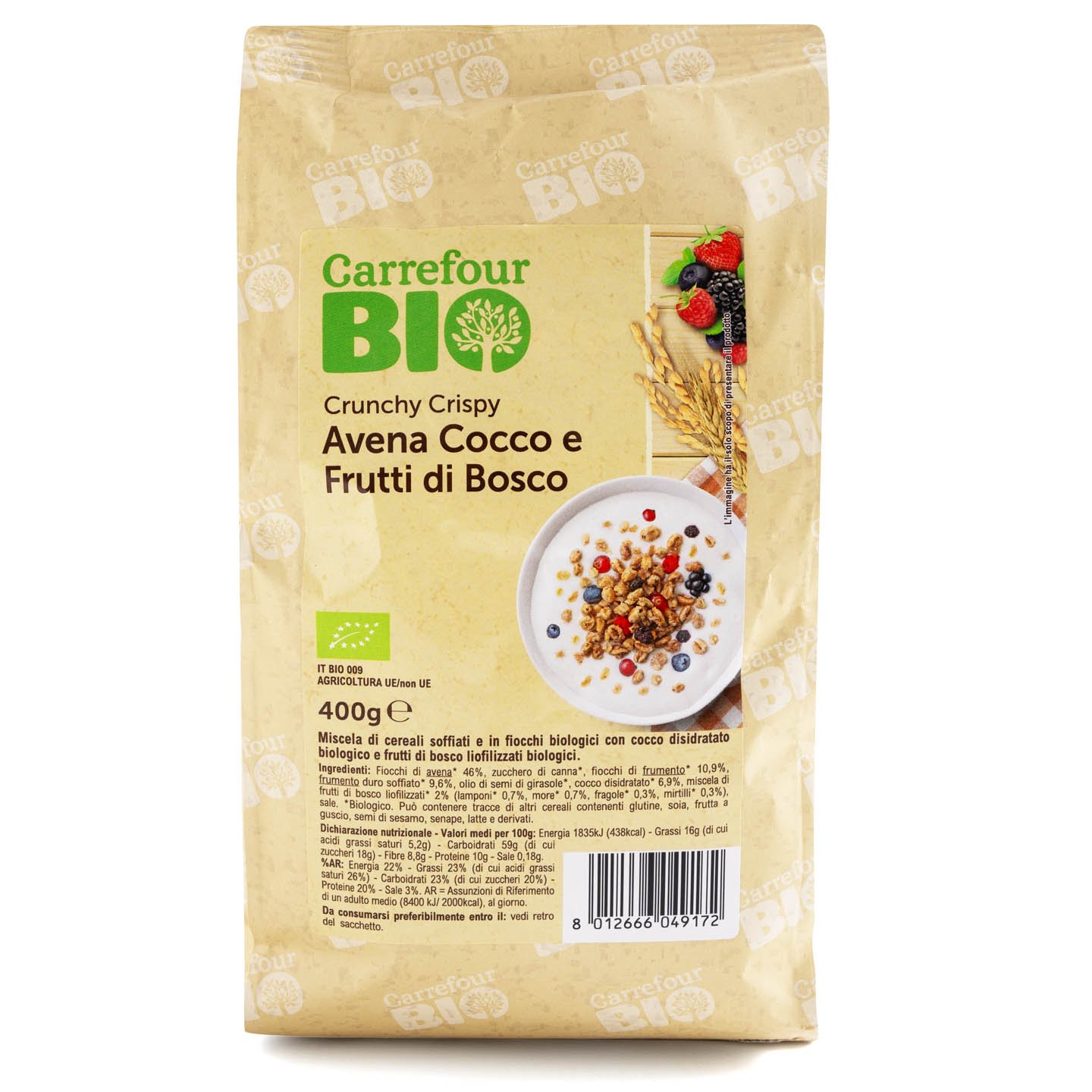 Ovăz crocant cu fructe de pădure și cocos Carrefour Bio 400g