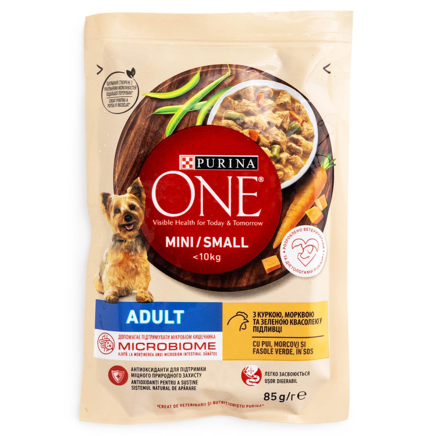 Hrană umedă cu pui și morcovi / vită și cartofi / curcan și morcovi Purina One Mini 85g