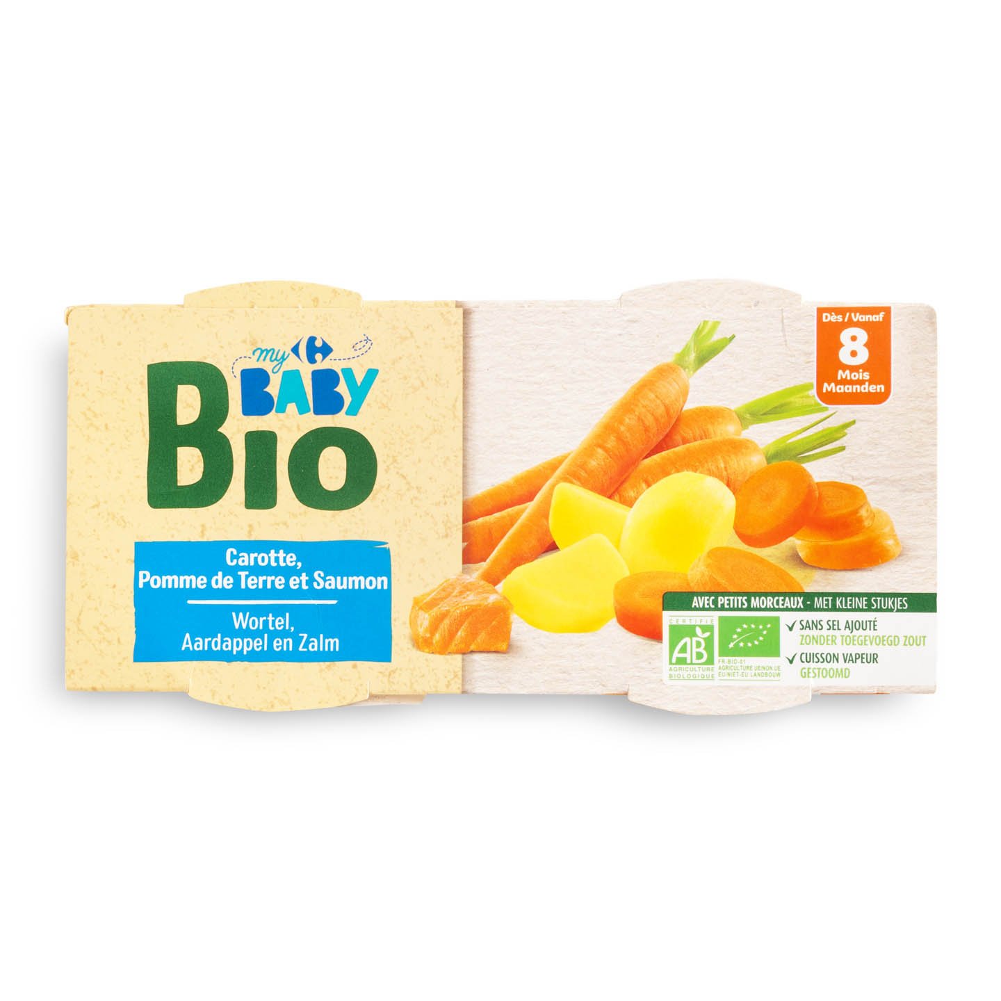 Piure cu morcovi, cartofi și somon Carrefour My Baby Bio 400g