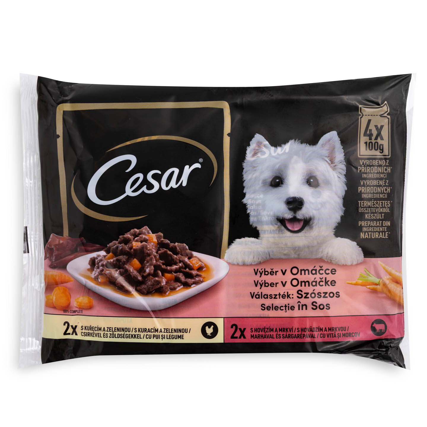 Hrană umedă pentru câini adulți, selecții de carne în sos Cesar 4 x 100g 