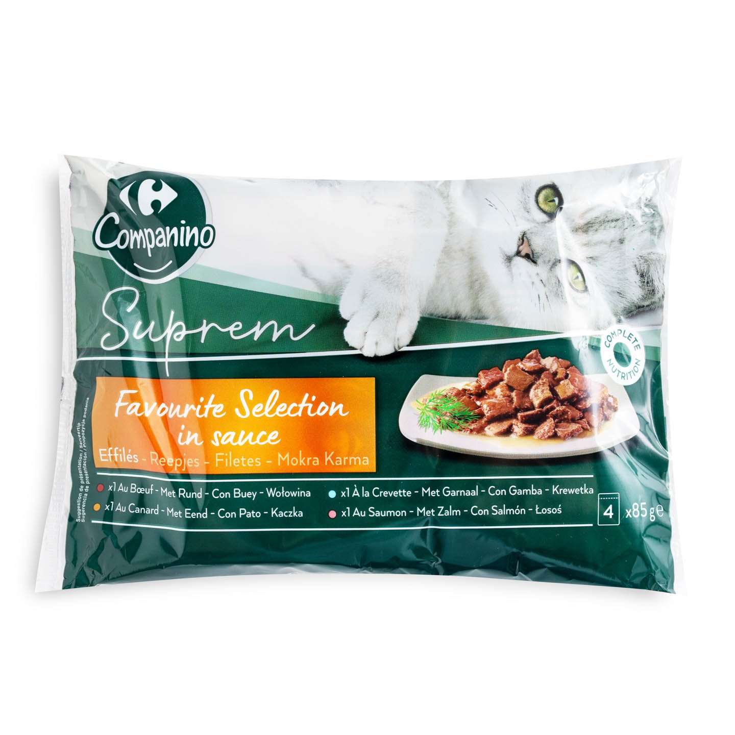 Hrană umedă pentru pisici Suprem Favourite Selection / Chef Selection / Expert Junior Carrefour Companino 4x85g