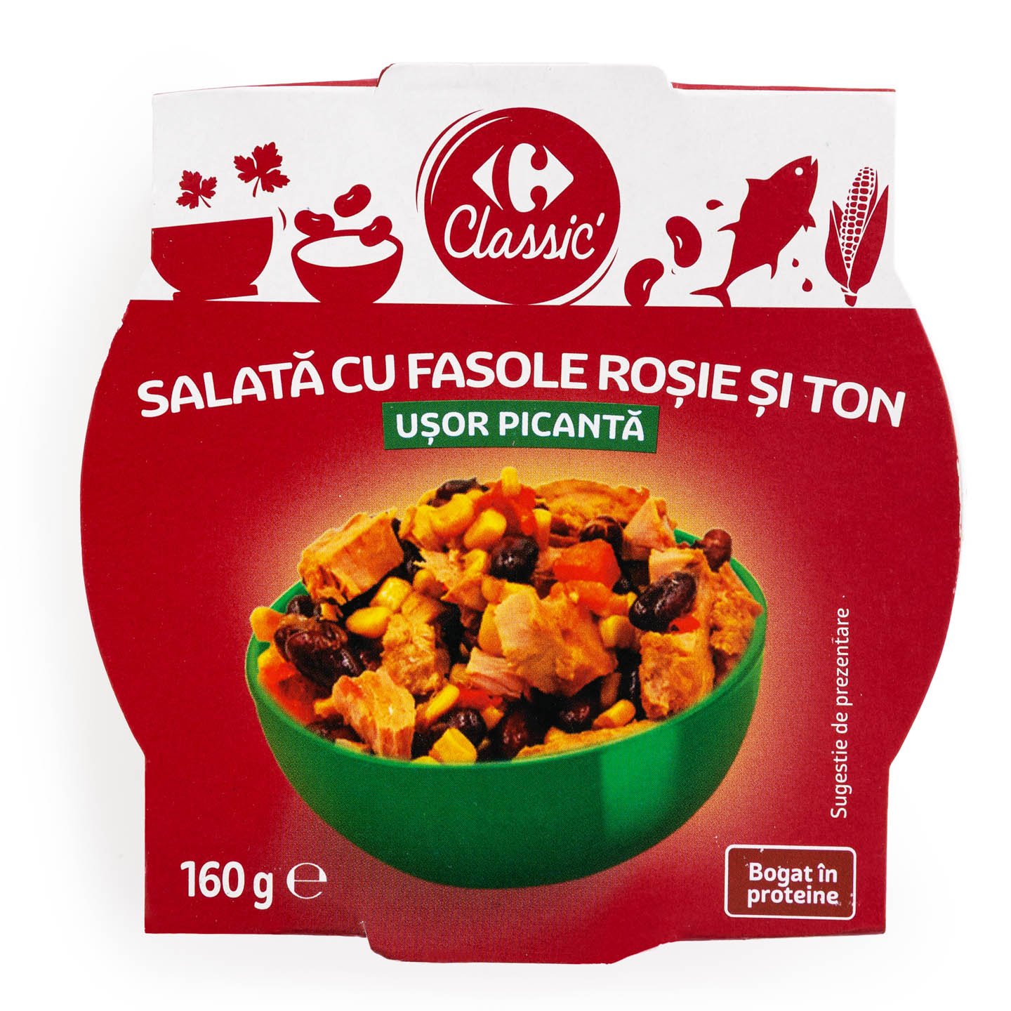 Salată de fasole roșie și ton, ușor picantă Carrefour Classic 160g