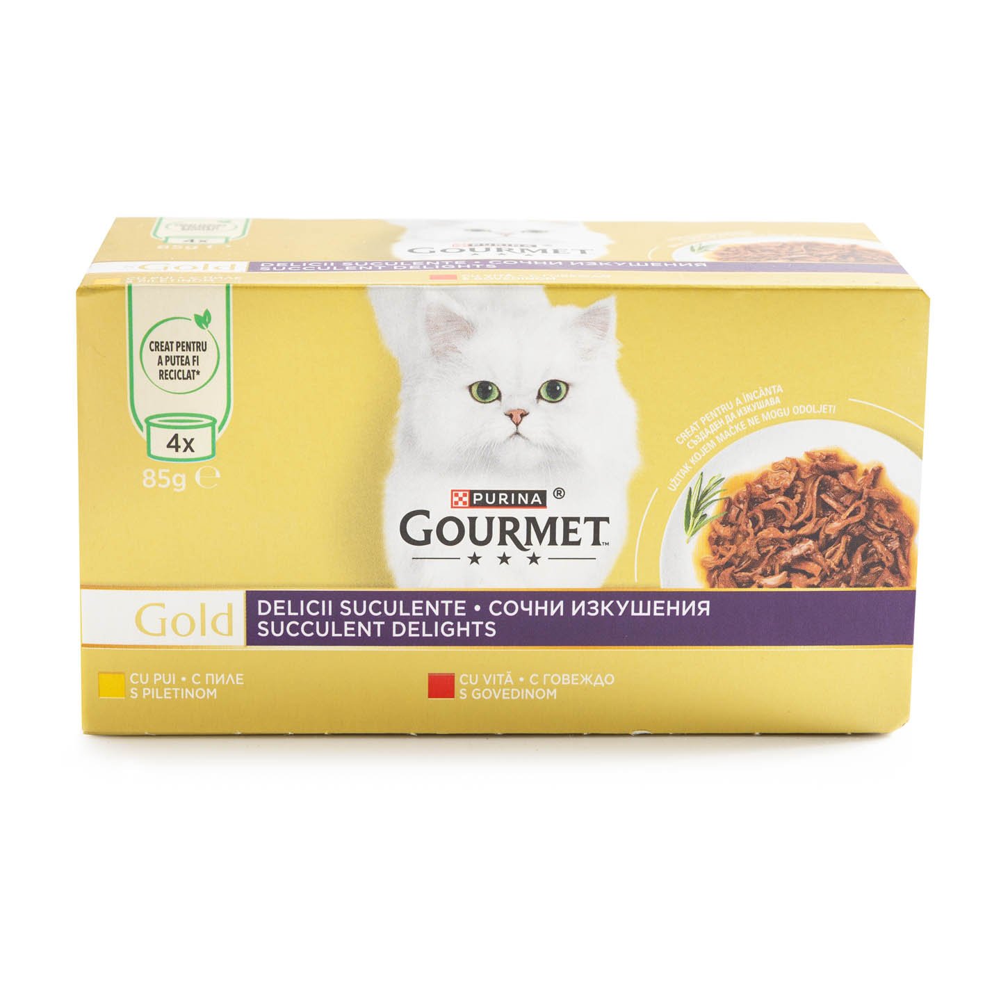 Hrană umedă Succulent Delights cu pui / somon pentru pisici Purina Gourmet Gold 4x85g