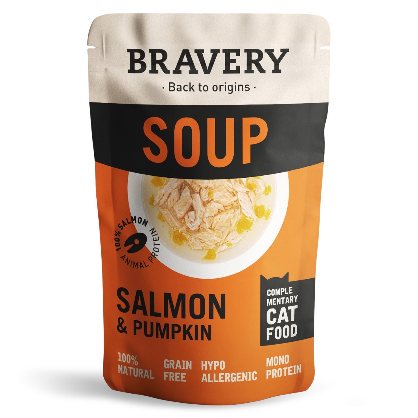 Hrană umedă pentru pisici cu somon și dovleac /sardine și alge Bravery 40g