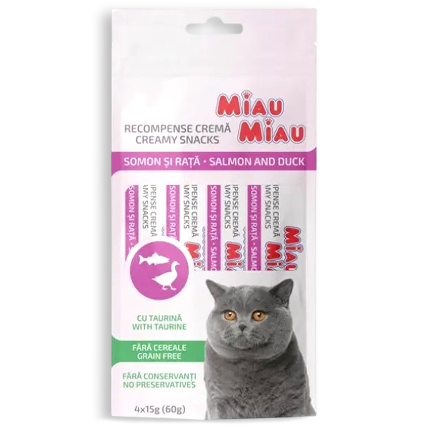 Recompense cremă cu somon și rață / ton și pui / mix de pui, rață, somon și ton Miau Miau 4x15g