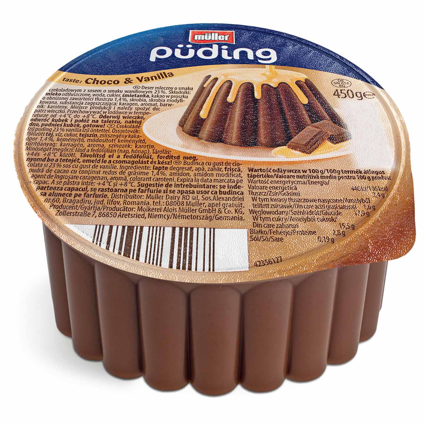 Budincă cu aromă de ciocolată / ciocolată și vanilie / griș și aromă de cireșe Muller 450g