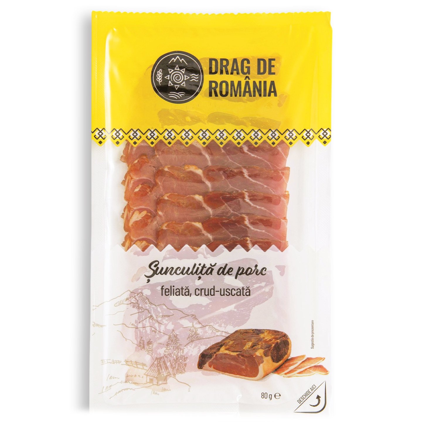 Șunculiță de porc, feliată, crud-uscată Drag de România 80g