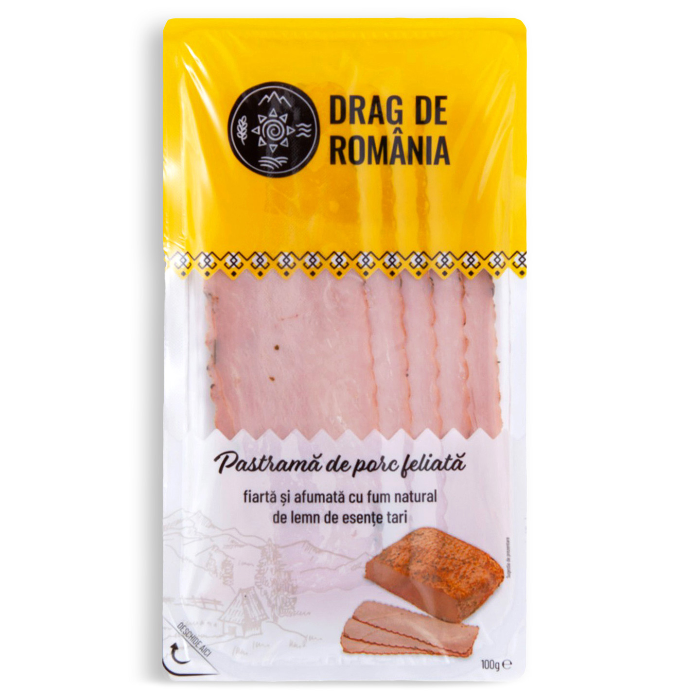 Pastramă de porc feliată, fiartă și afumată Drag de România 100g
