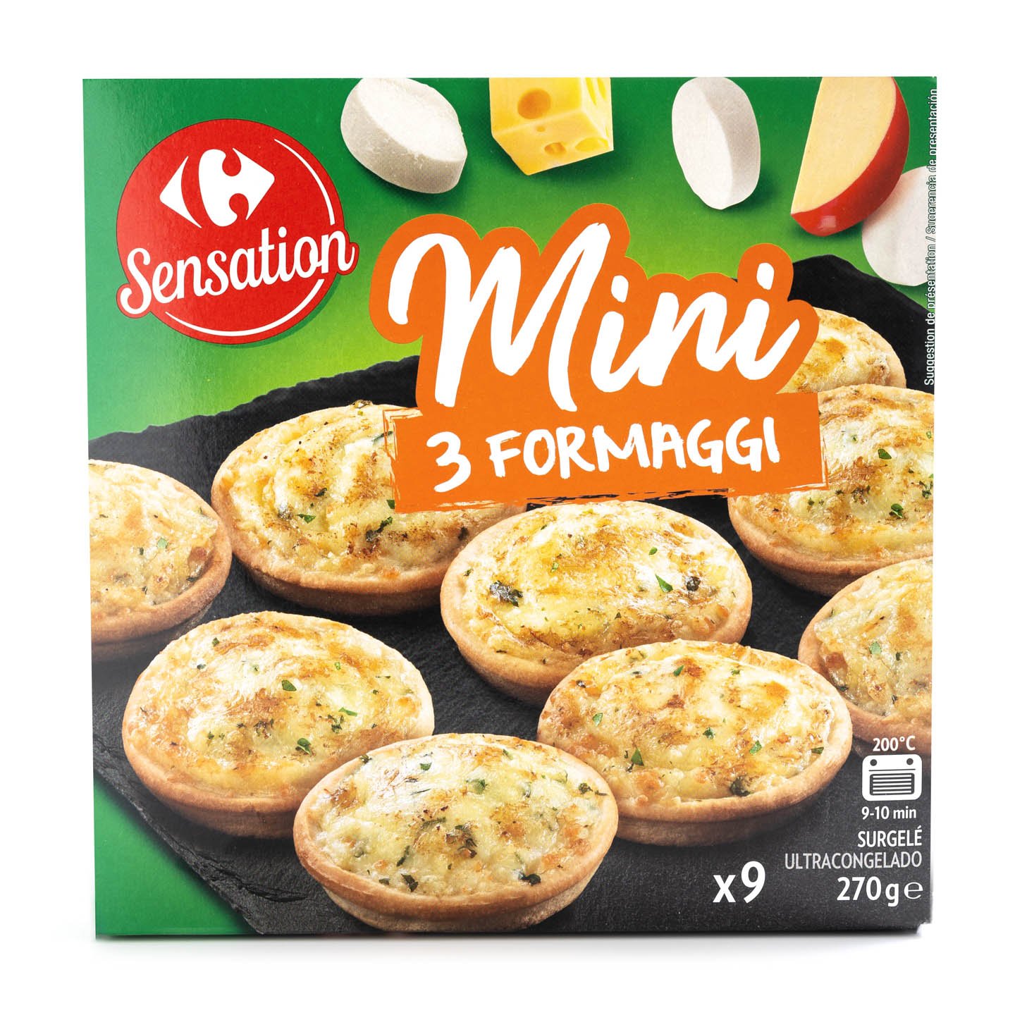Mini pizza 3 brânzeturi / jambon&brânză / Mozzarella&roșii Carrefour Sensation 270g