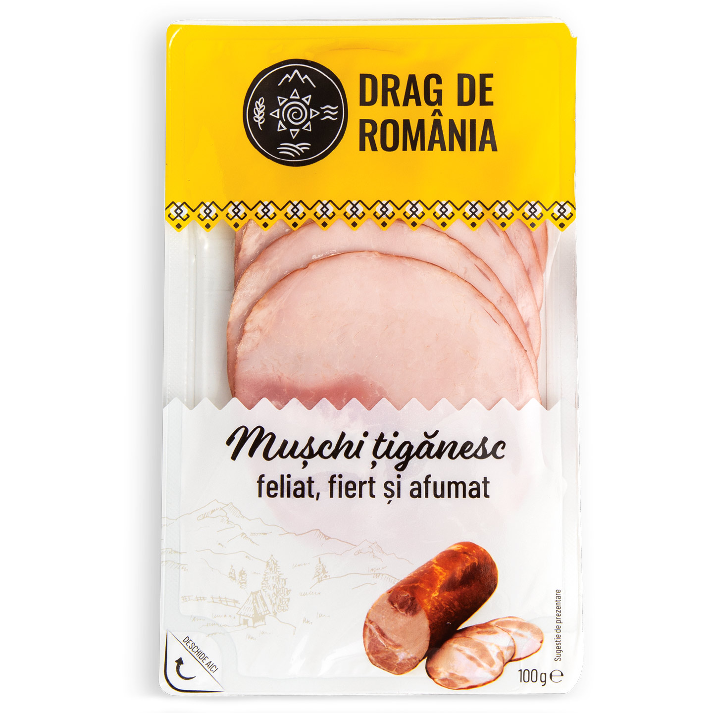 Mușchi țigănesc feliat, fiert și afumat Drag de România 100g