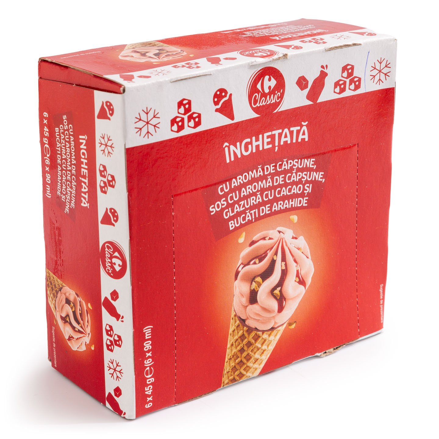 Înghețată la cornet căpșuni și arahide Carrefour Classic 6x90 ml, per pachet