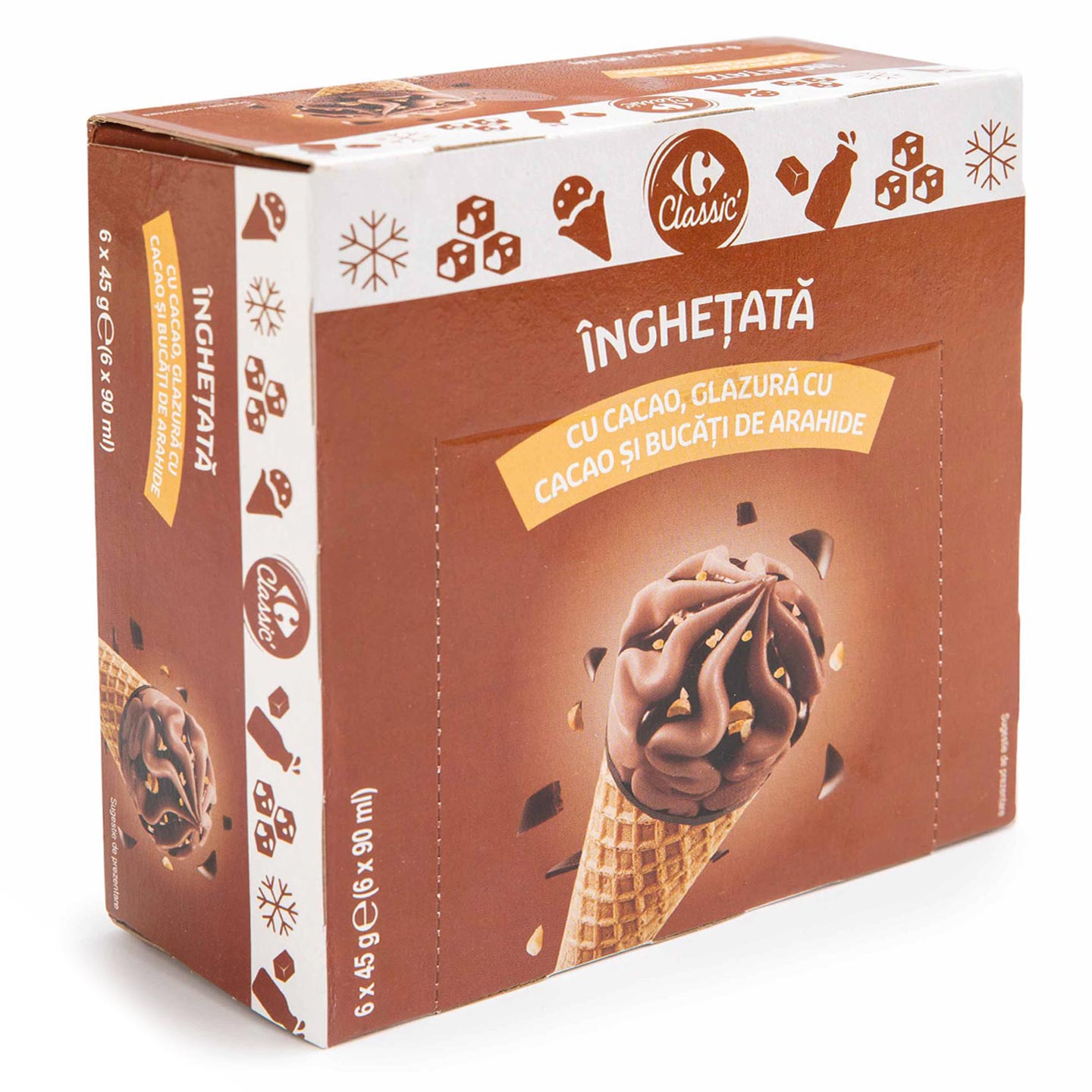 Înghețată la cornet cu cacao Carrefour Classic 6x90 ml, per pachet