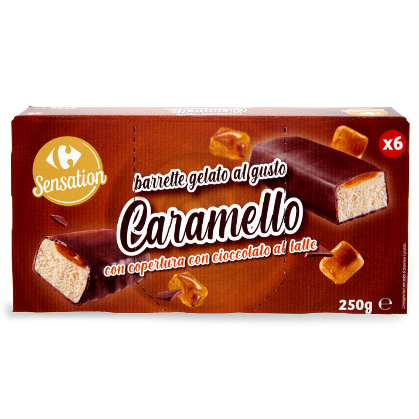 Batoane de înghețată cu caramel învelite în ciocolată cu lapte Carrefour Sensation 6x41.6g