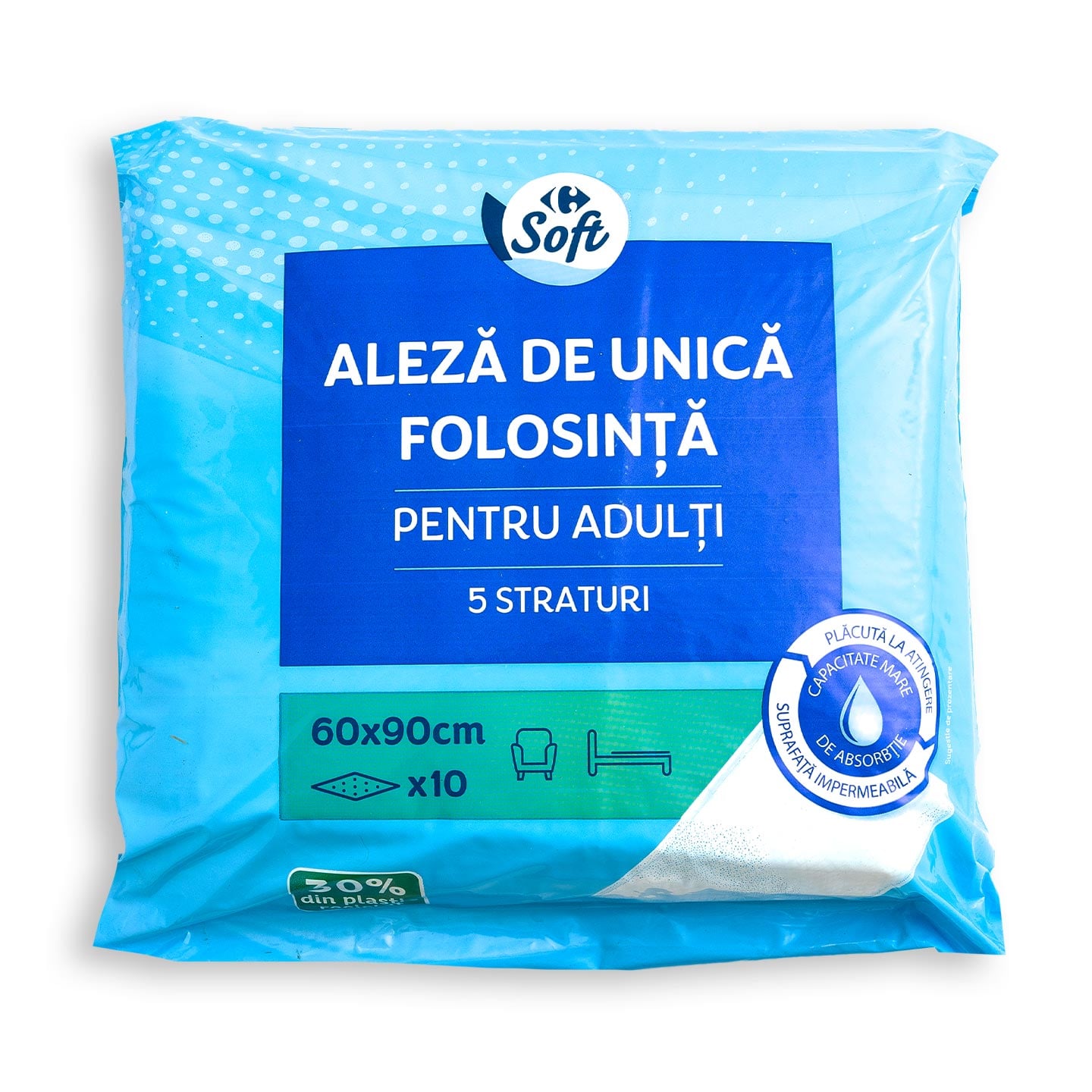 Aleză de unică folosință pentru adulți Carrefour Soft 5 straturi, 10buc.