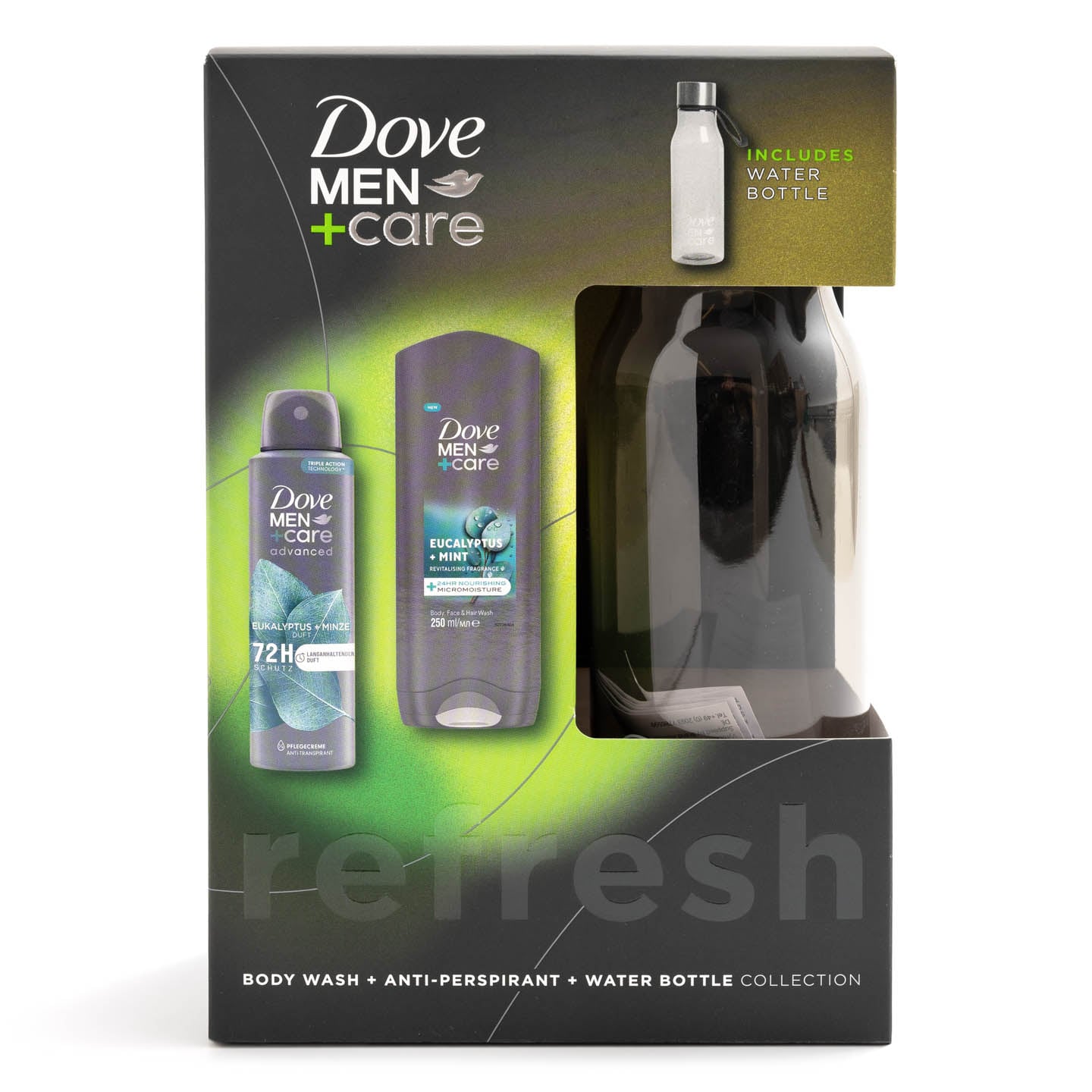 Set cadou Dove Men+ Care, gel de duș, 250ml + deodorant spray 150ml + sticlă de apă 