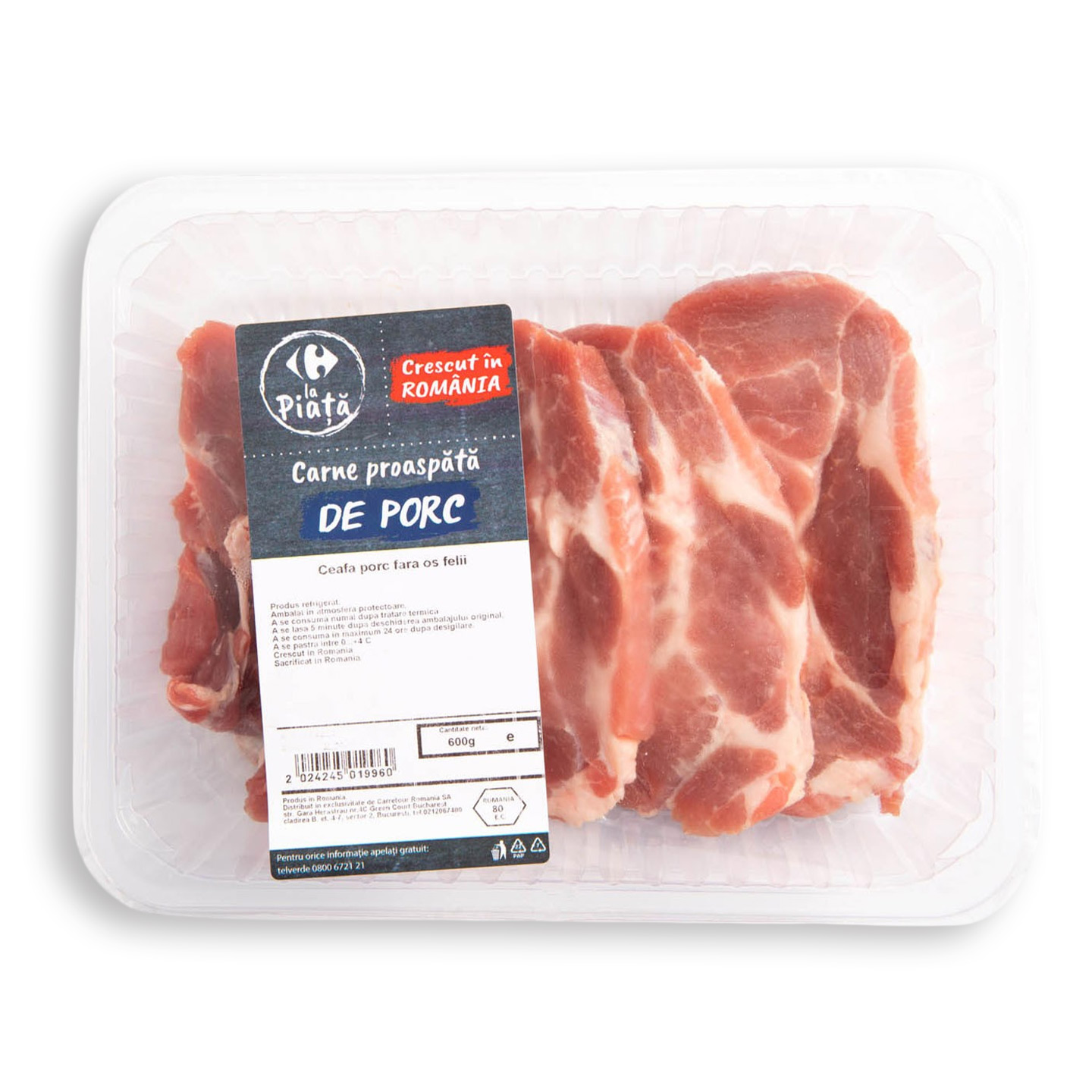 Ceafă de porc, fără os, feliată Carrefour la Piață 600g