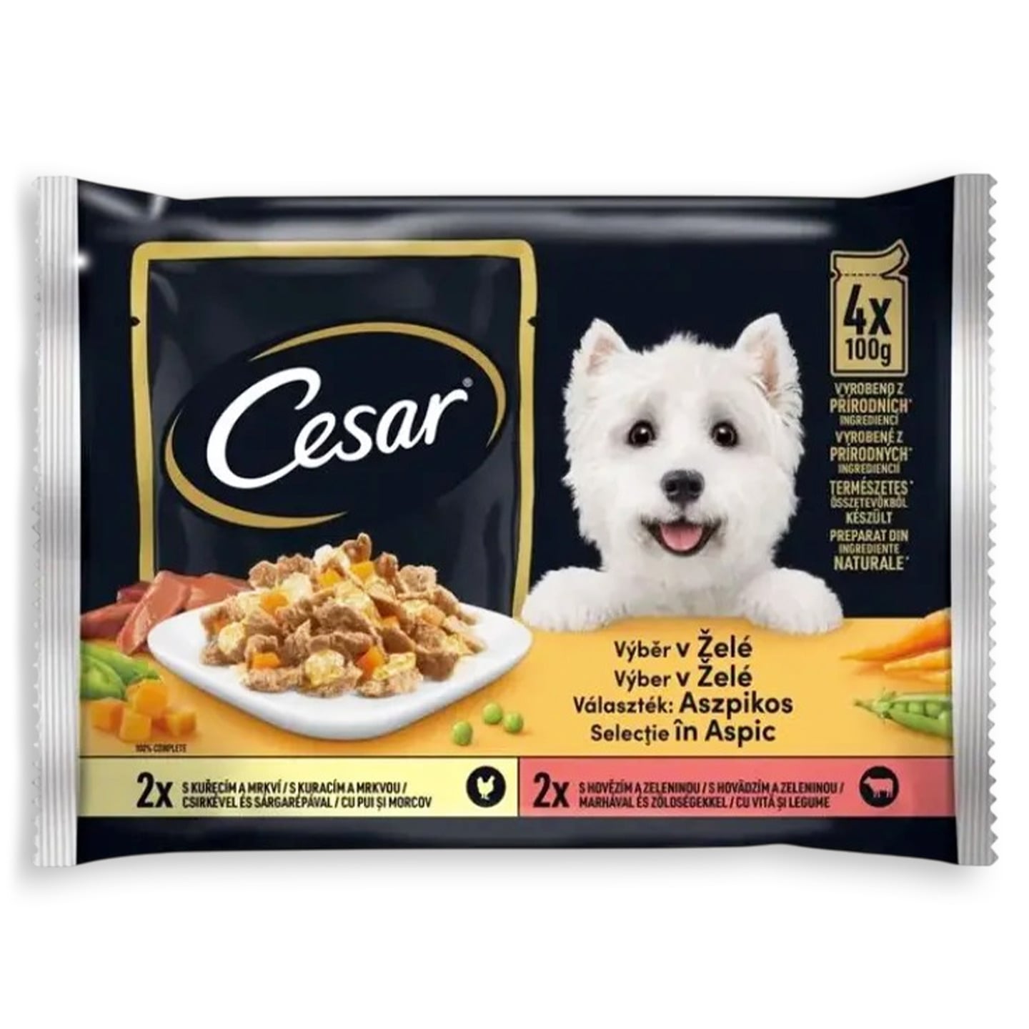 Hrană umedă pentru câini adulți, selecții de carne și legume în aspic / în sos Cesar 4 x 100g  