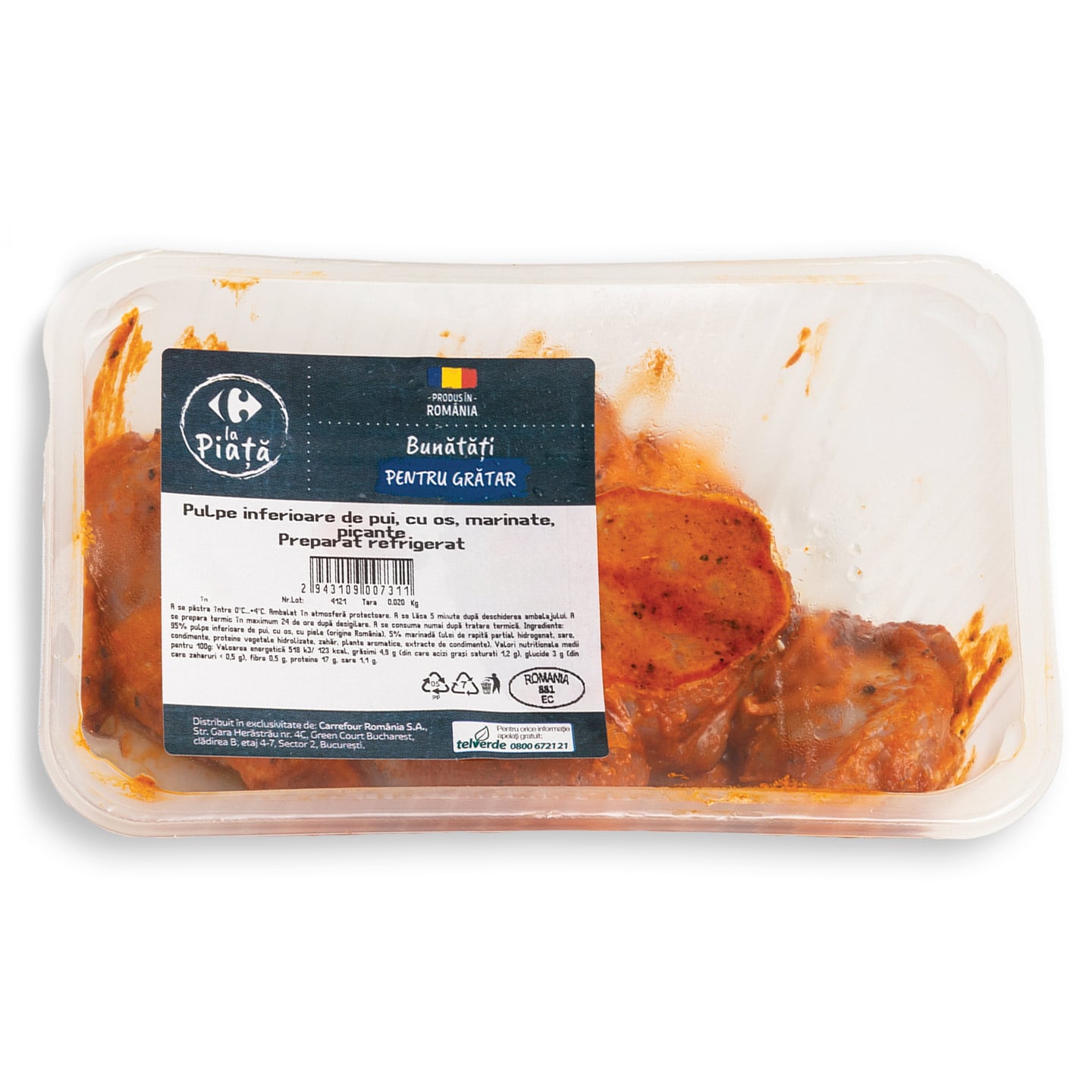 Pulpe de pui Inferioare cu os, marinate picante Carrefour La Piață, per 100g