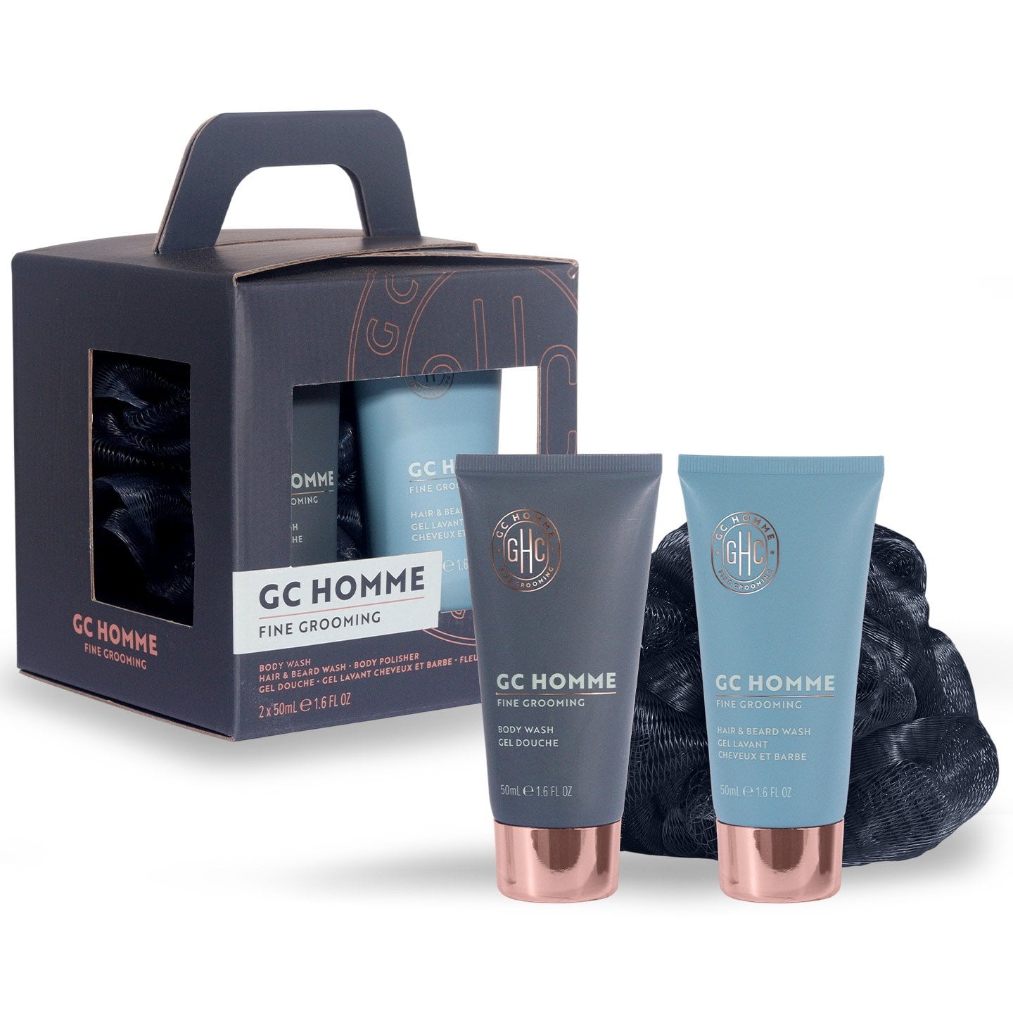 Set cadou The Luxury Bathing Company, gel de duș, 50ml + șampon pentru păr și barbă, 50ml+ Burete exfoliant corp