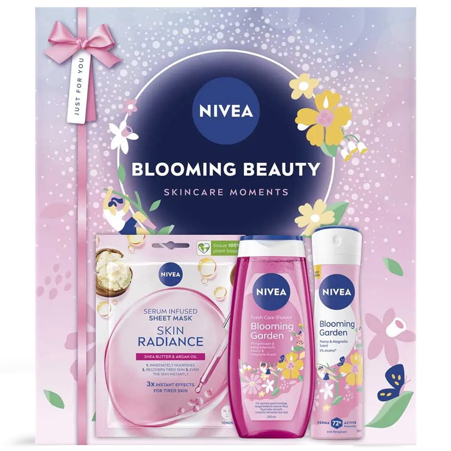 Set cadou Nivea Blooming Beauty gel de duș, 250ml + deodorant spray 150ml + mască