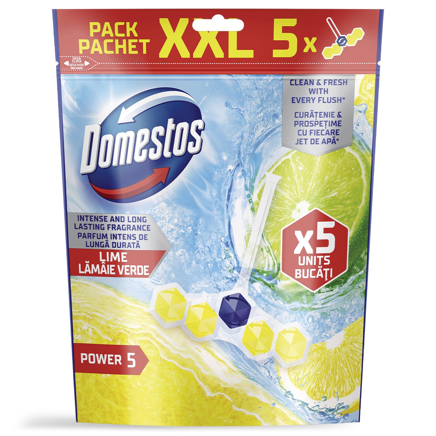 Odorizant pentru toaletă lime / briza mării Domestos Power 5, 5x50g