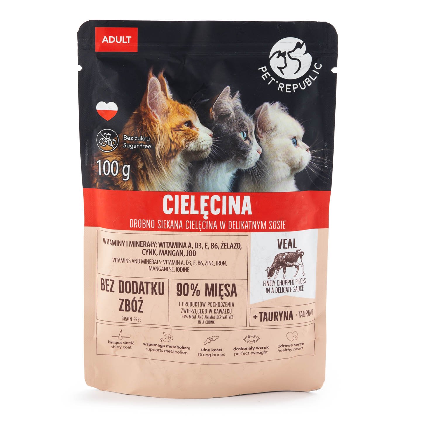 Hrană umedă pentru pisică adult cu bucăți de vițel Pet Republic 100g