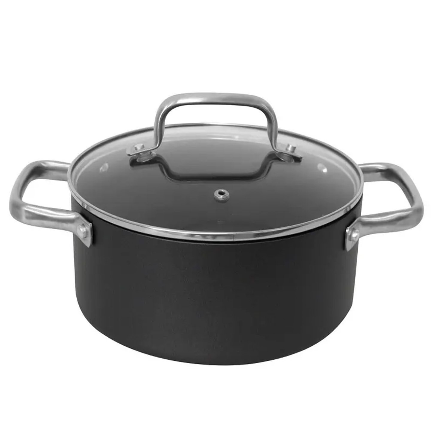 Oală cu capac Carrefour Home, aluminiu forjat/sticlă, 4.8 L, 24 cm, negru