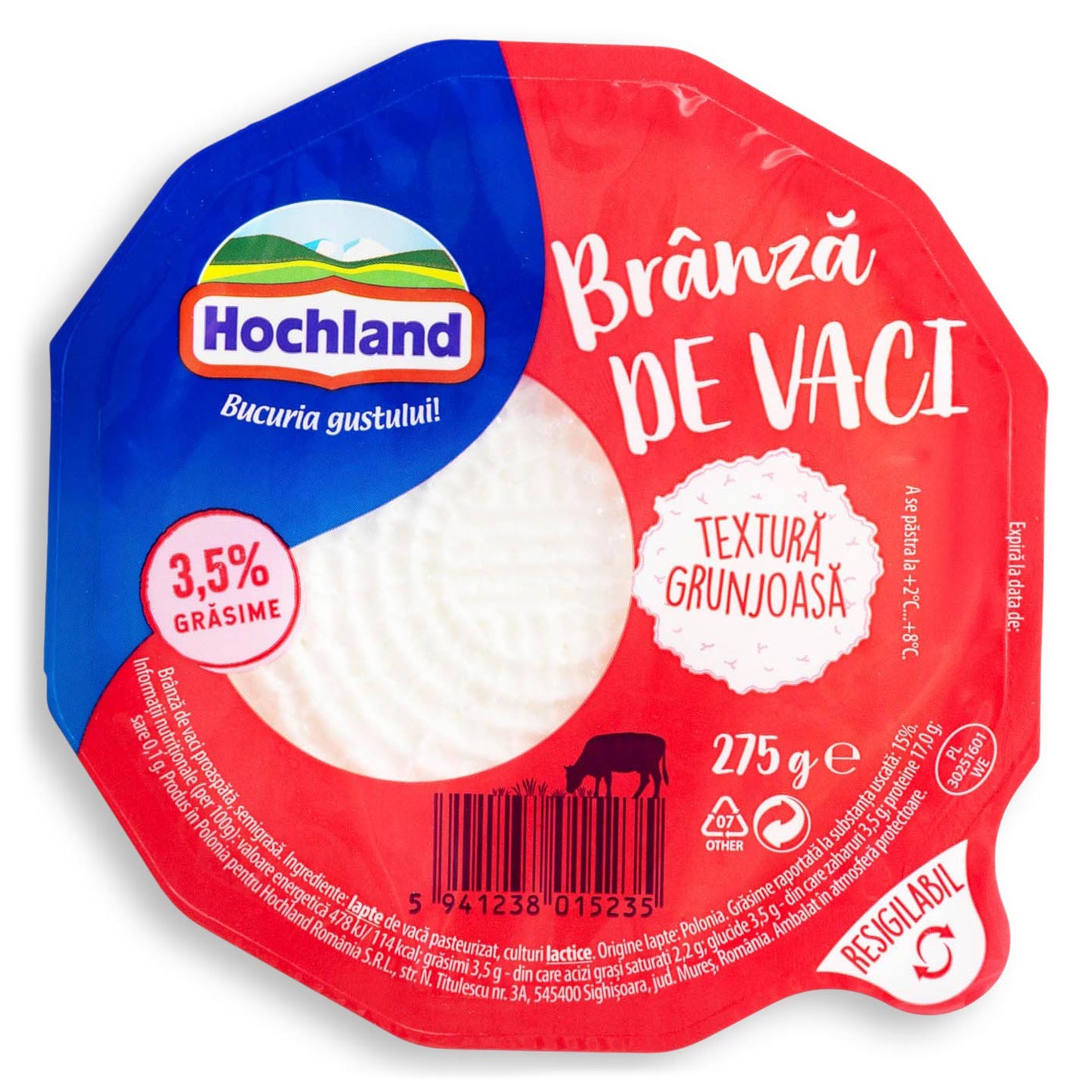 Brânză de vaci textură grunjoasă 3.5% grăsime Hochland 275g 