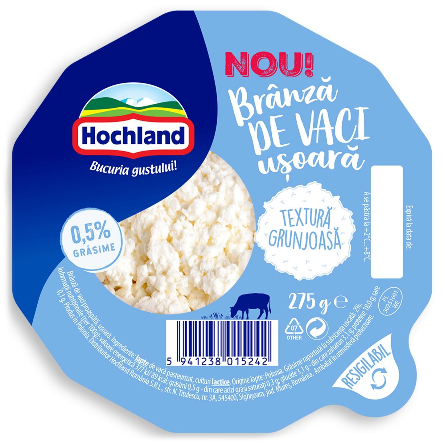 Brânză de vaci ușoară 0.5% grăsime Hochland 275g 