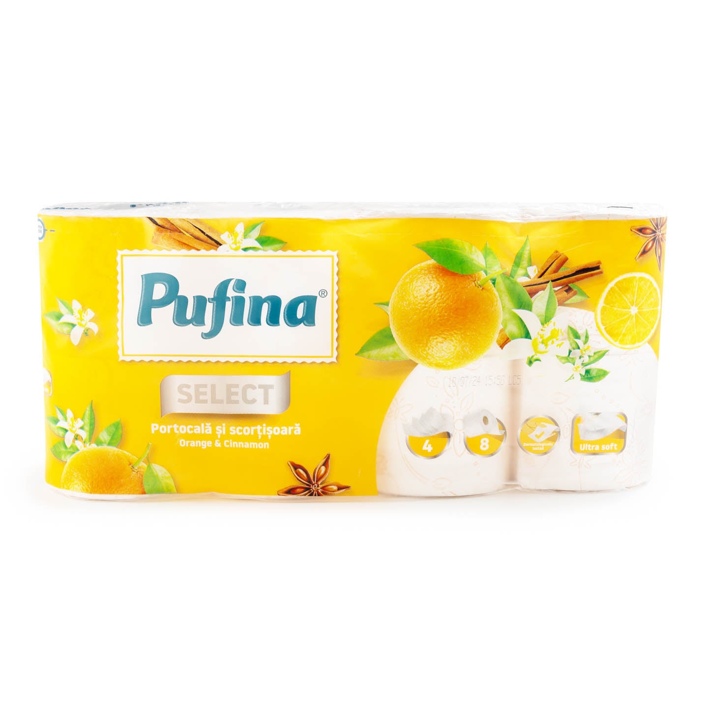 Hârtie igienică portocale și scorțisoară Pufina, 4 straturi, 8 role