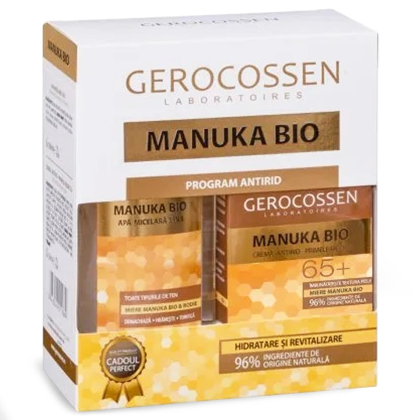 Set cadou Gerocossen Manuka Bio, crema Antirid 65+, 50ml + apă micelară 300ml
