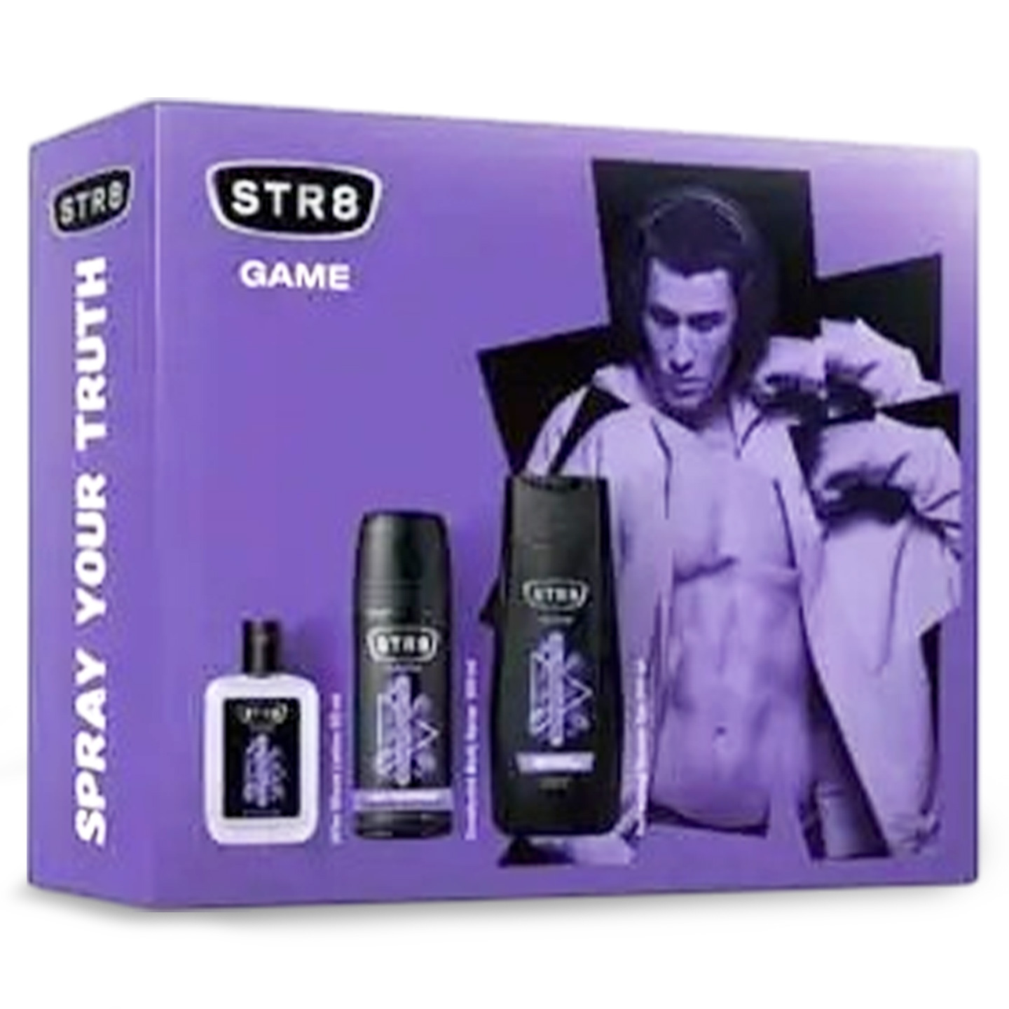 Set cadou STR8 Game, Loțiune după ras, 50ml + deodorant spray, 150ml + gel de duș, 250ml