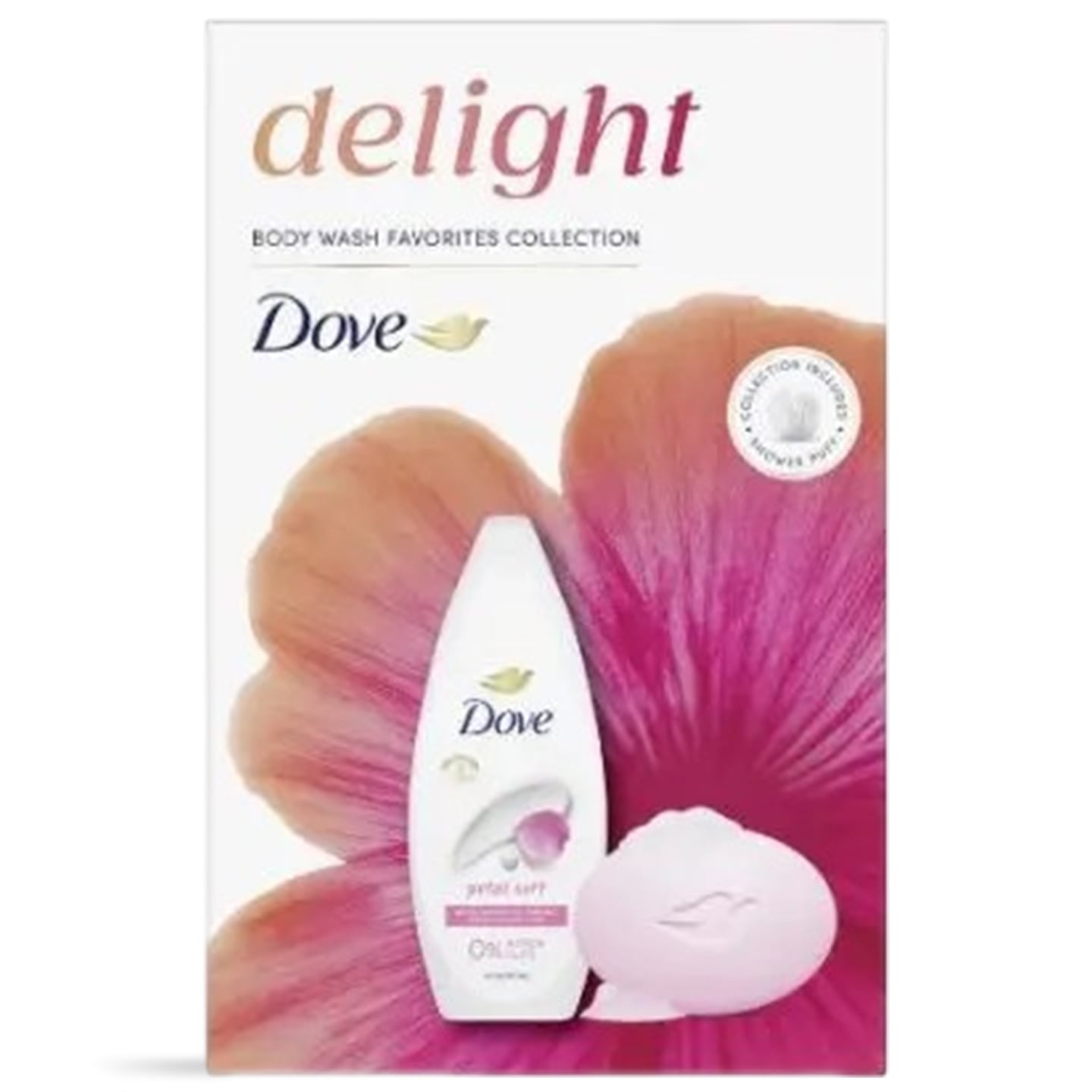 Set cadou Dove, gel de duș, 250ml + săpun, 90g + burete duș