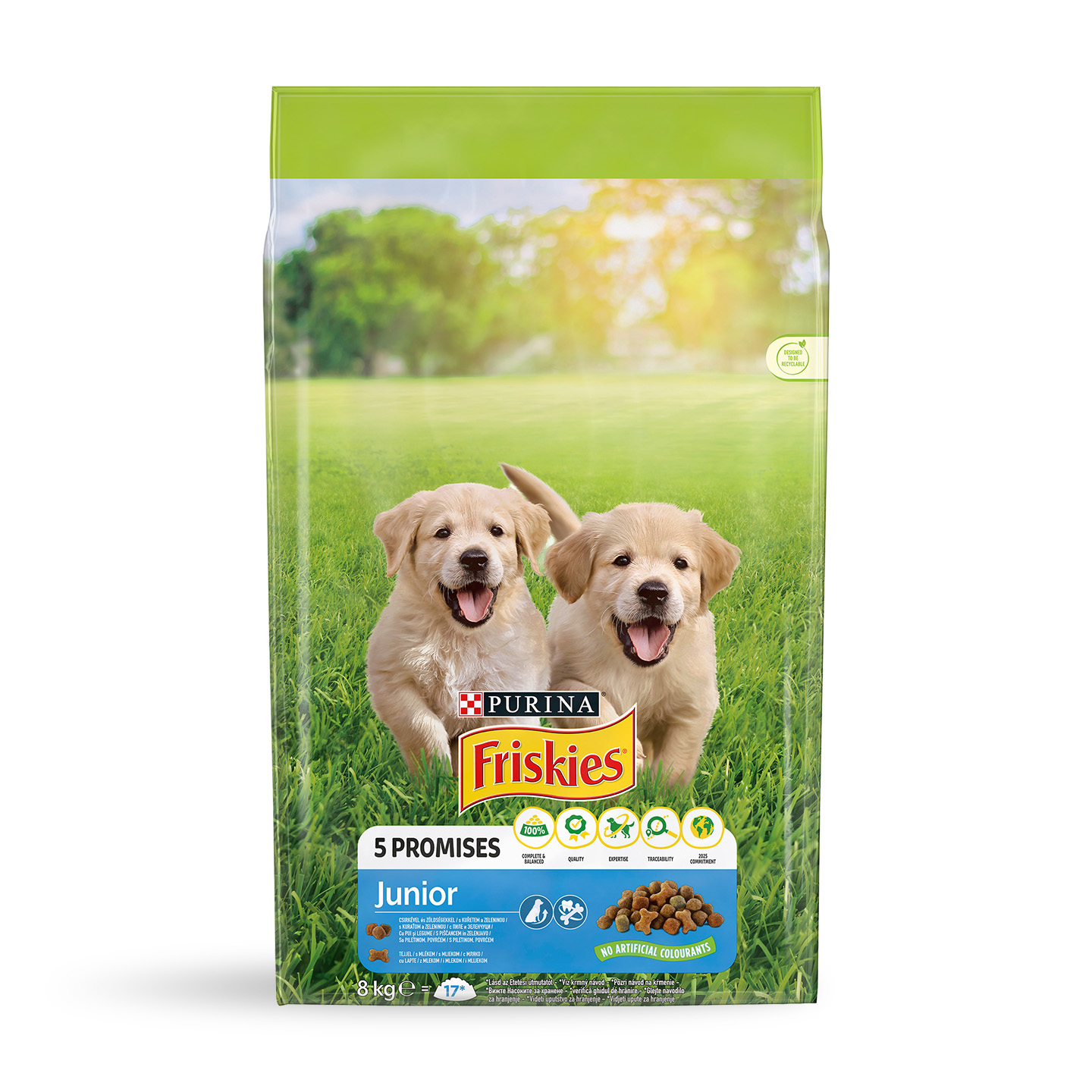 Hrană uscată pentru câini cu pui, lapte și legume Friskies Junior 8 kg 