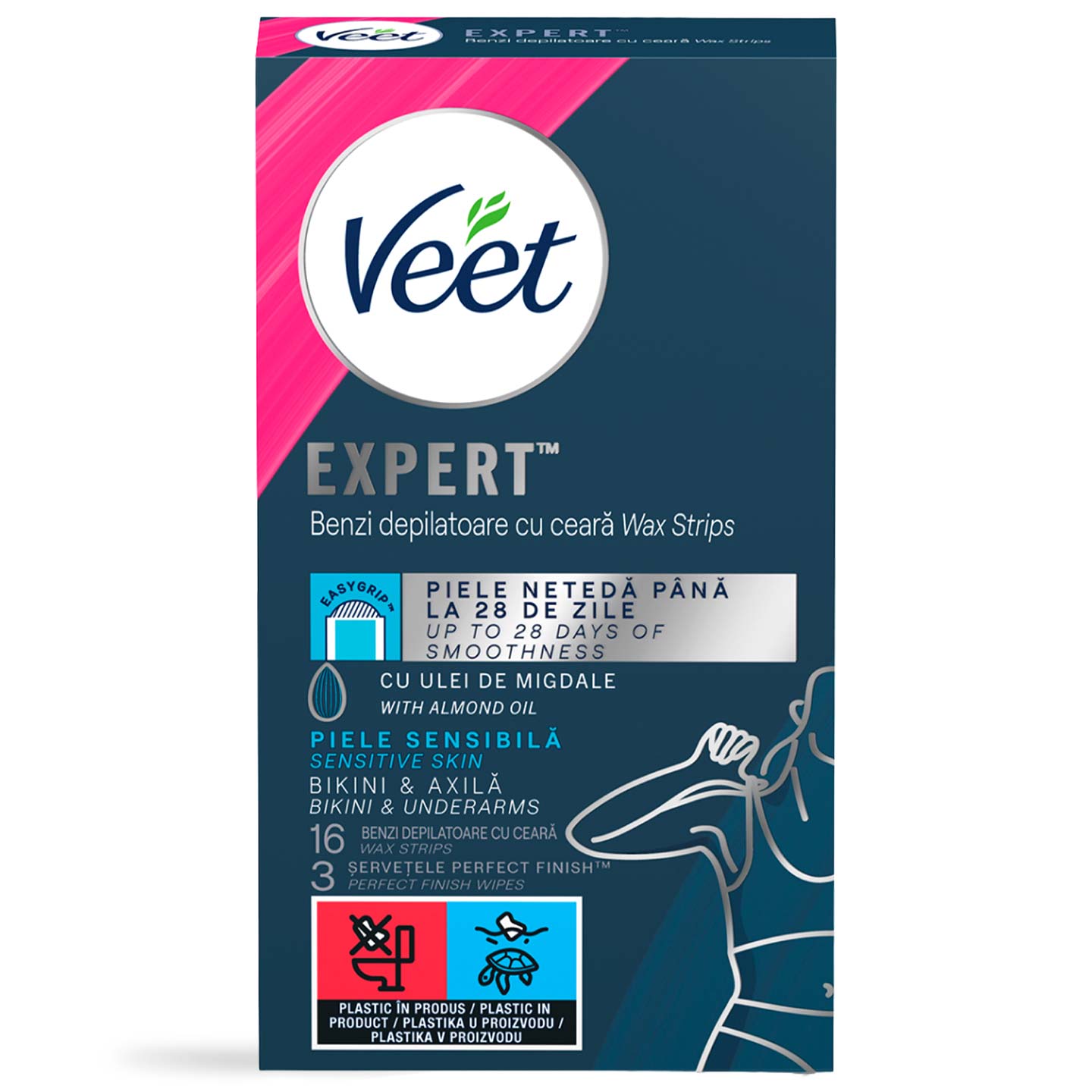 Benzi de ceară depilatoare pentru bikini și axilă, pentru piele sensibilă, Veet Expert 16buc.
