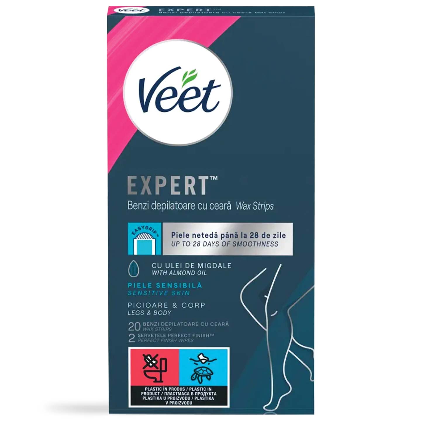 Benzi de ceară depilatoare pentru picioare și corp, pentru piele sensibilă, Veet Expert 20buc.