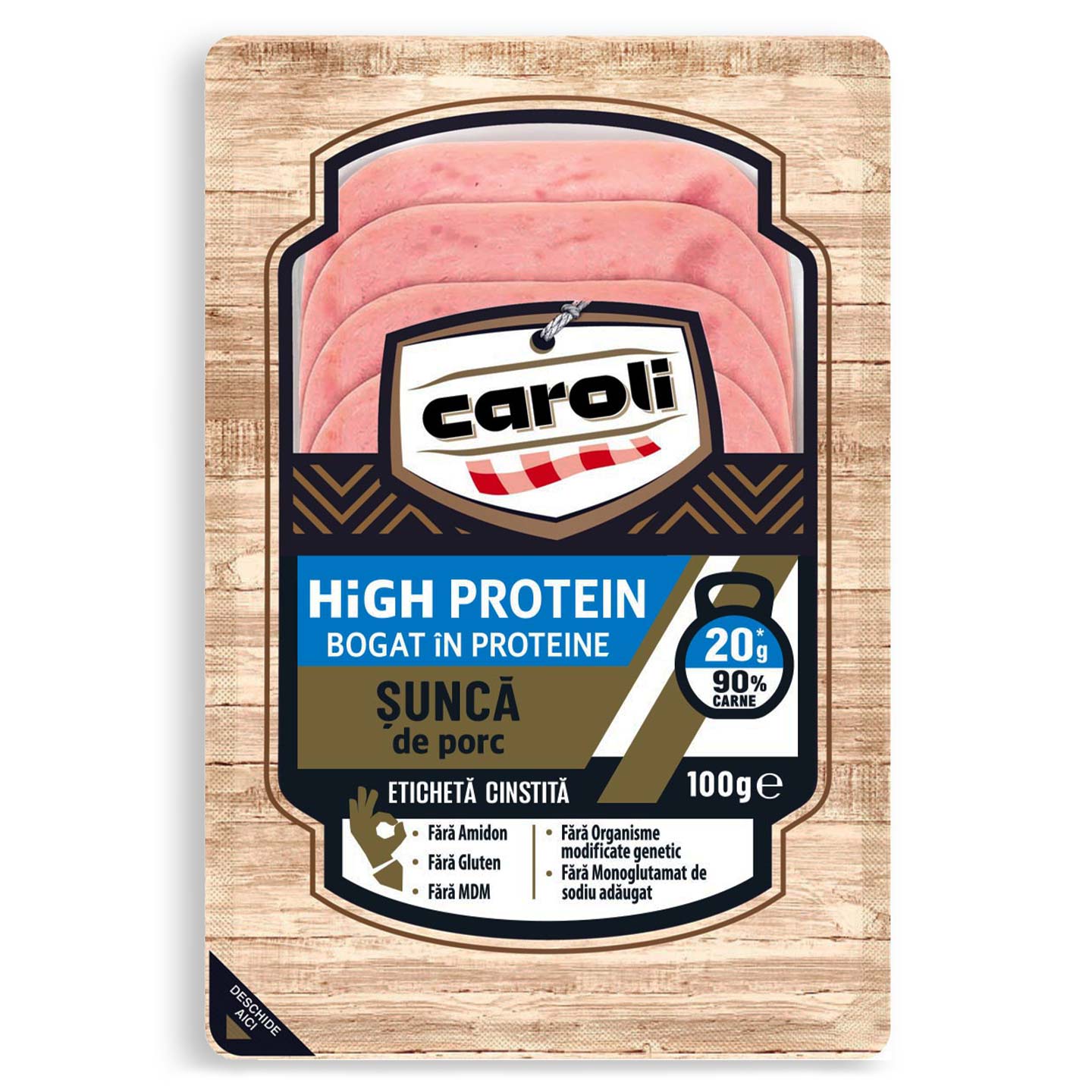 Sunca de porc / pui feliat Caroli High Protein, 100g