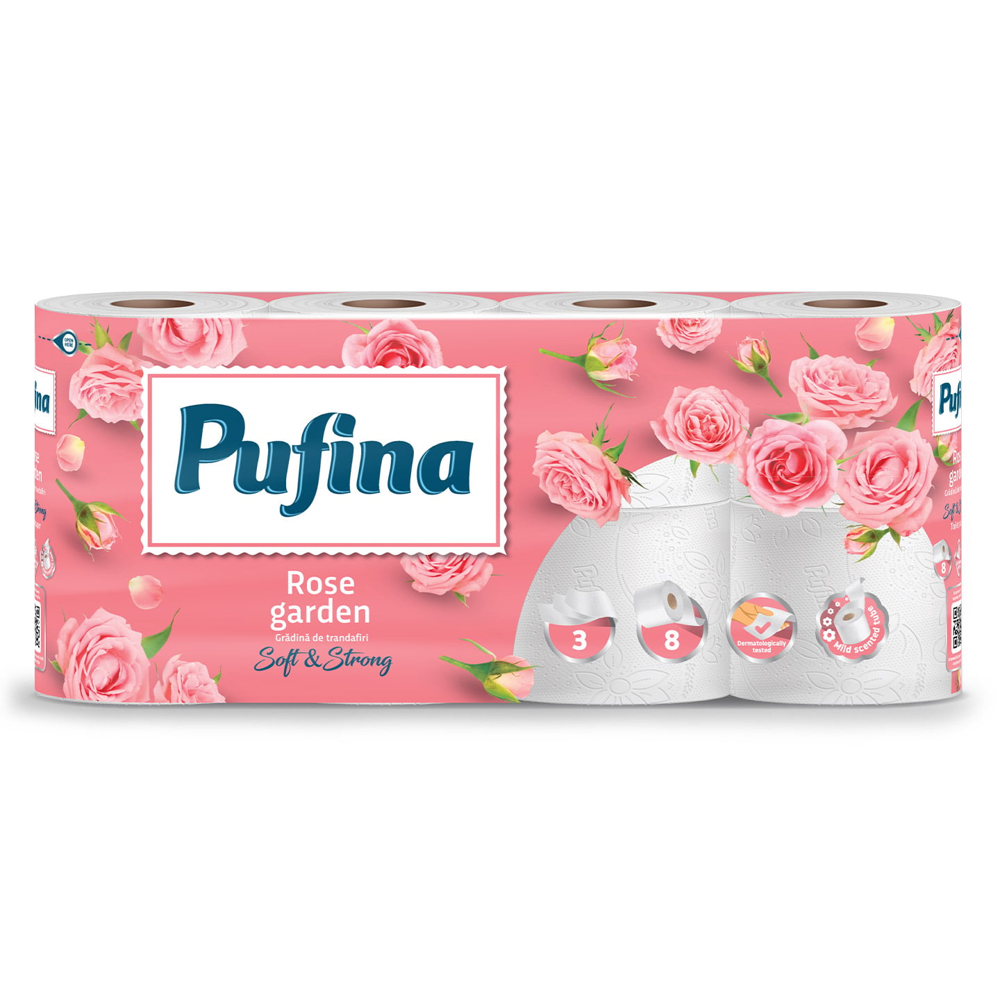 Hârtie igienică muțețel / trandafiri Pufina Soft, 8 role, 3 straturi